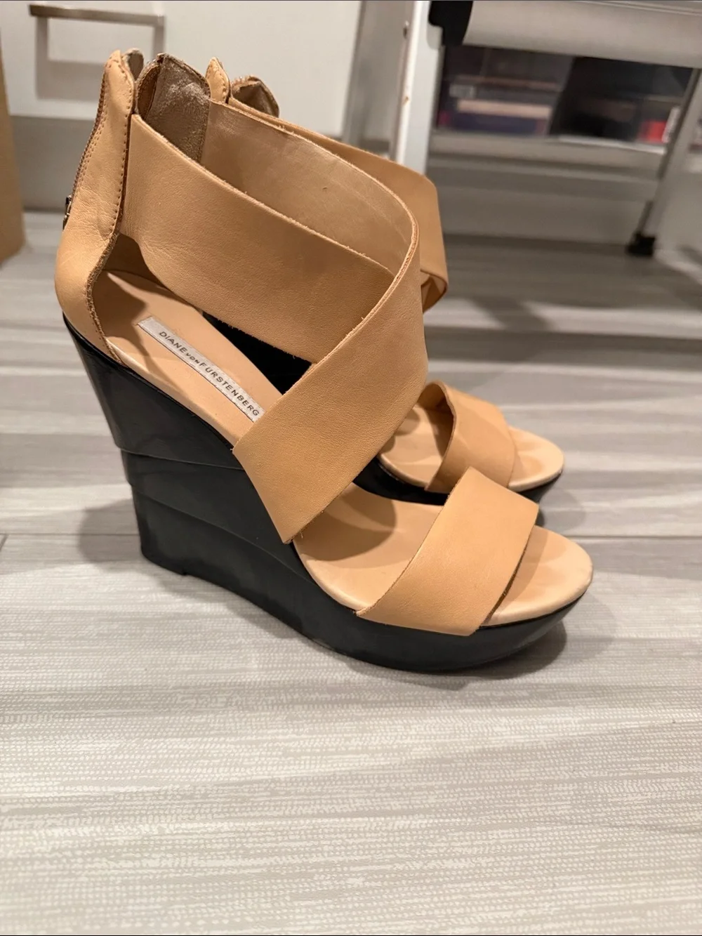 Diane Von Furstenberg Tan and Black Leather Crisscross Wedge Sandals